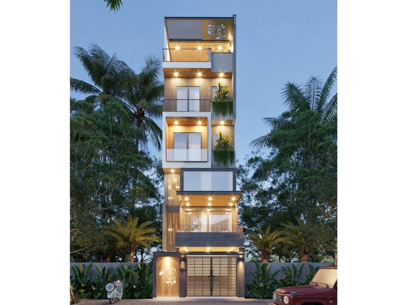 Mẫu nhà 5 tầng 40m2 sử dụng hệ thống cửa kính hiện đại tối ưu ánh sáng và thông gió hiệu quả 