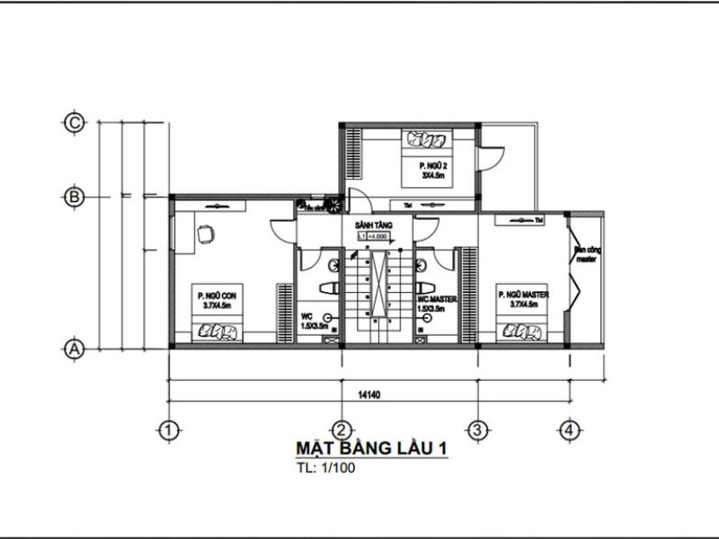 Mặt bằng công năng tầng 2 biệt thự 3 tầng 4 phòng ngủ