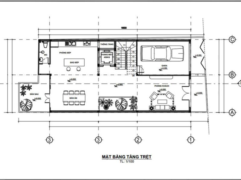 Mặt bằng công năng tầng 1 biệt thự 3 tầng 8m
