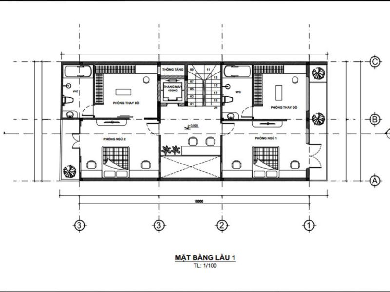 Mặt bằng công năng tầng 2 biệt thự 3 tầng 8m