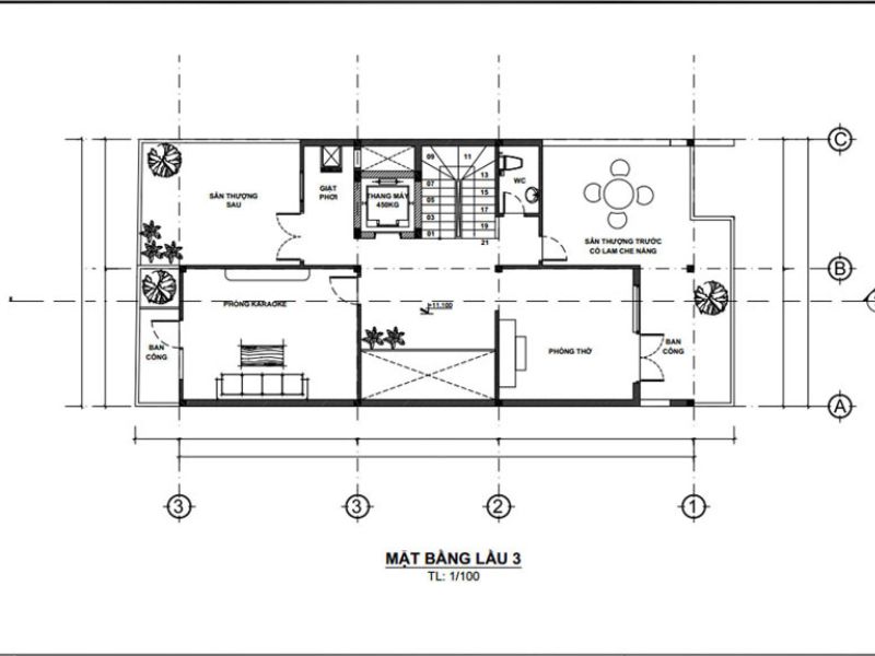 Mặt bằng công năng tầng tum  biệt thự 3 tầng 8m