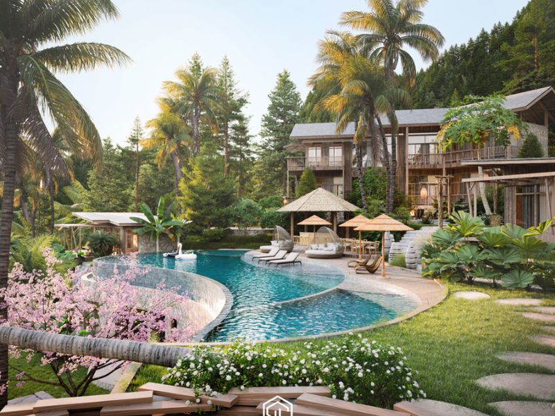 Mẫu thiết kế homestay nhà vườn hiện đại có bể bơi lớn 