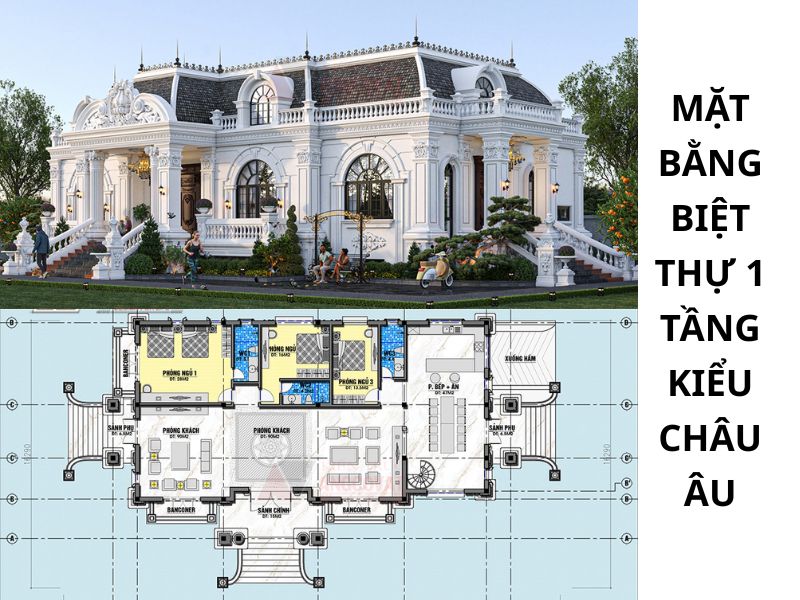 Bản vẽ mặt bằng biệt thự 1 tầng kiểu châu Âu 