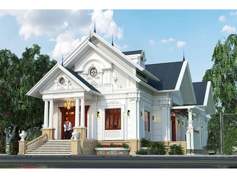 Mẫu nhà 1 tầng phong cách châu Âu mái Thái với gam màu trắng thanh lịch 