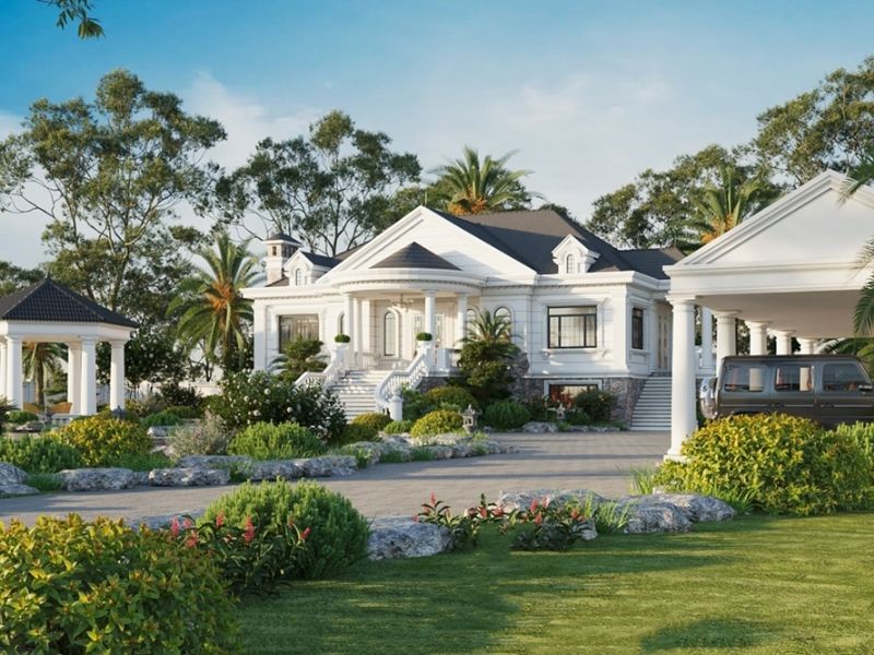 Thiết kế nhà 1 tầng châu Âu mái Nhật kết hợp cảnh quan sân vườn xanh mát 