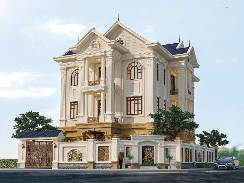 Kiến trúc biệt thự 3 tầng màu kem đáng chú ý