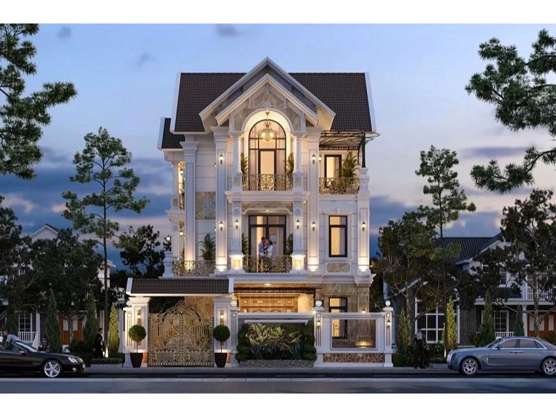 Kiến trúc nhà 3 tầng mái thái xanh lung linh dưới ánh đèn vàng