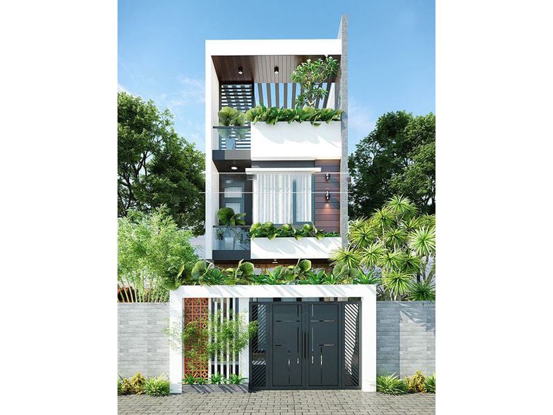 Mẫu nhà 5x16 có gara kết hợp các mảng xanh linh hoạt 
