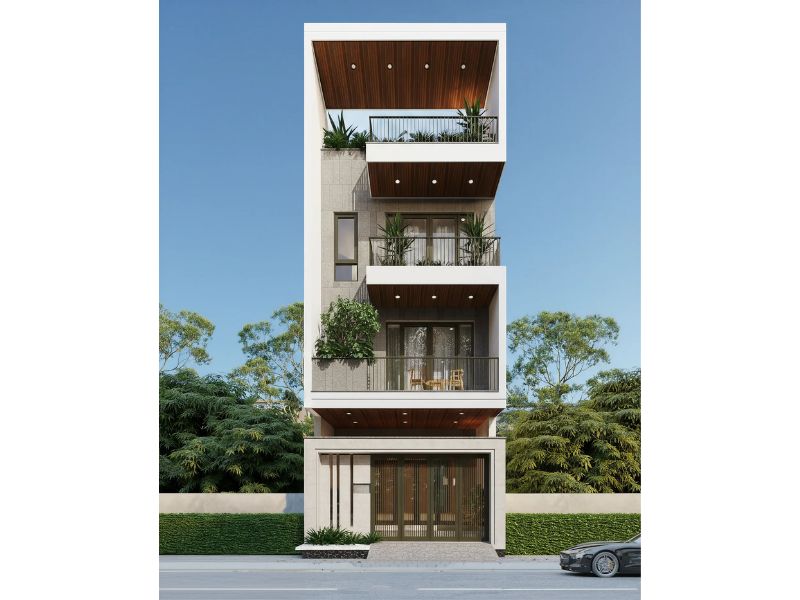 Thiết kế nhà 5x16 có gara gây ấn tượng với hình khối kiến trúc mạnh mẽ, phóng khoáng