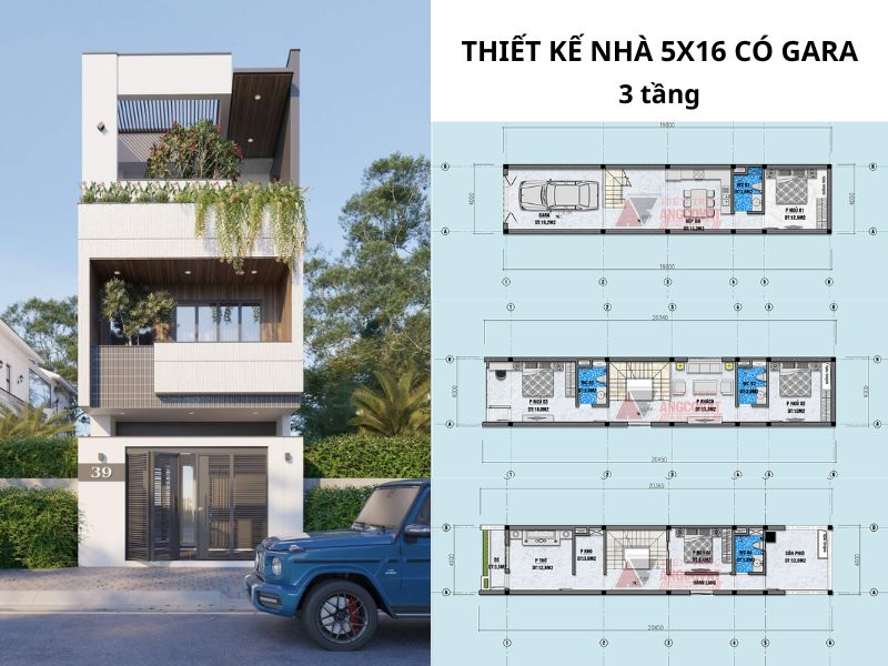 Bản vẽ thiết kế nhà 5x16 3 tầng có gara 4 phòng ngủ 1 phòng thờ