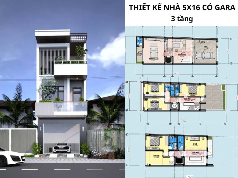 Tư vấn bố trí công năng nhà ngang 5m dài 16m 3 tầng có gara