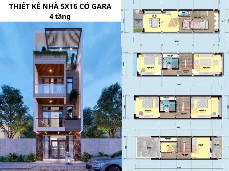 Bản vẽ mặt bằng nhà 5x16 4 tầng có gara khoa học, tiện nghi