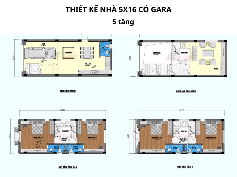 Mặt bằng công năng nhà 5x16 5 tầng có gara tầng trệt