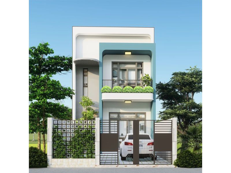 Nhà 5x16 có gara gây ấn tượng với đường nét kiến trúc khỏe khoắn, khối hình vuông vức hiện đại 