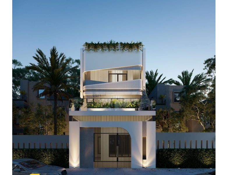 Kiến trúc ngoại thất ấn tượng của mẫu nhà phố 2 tầng mái bằng