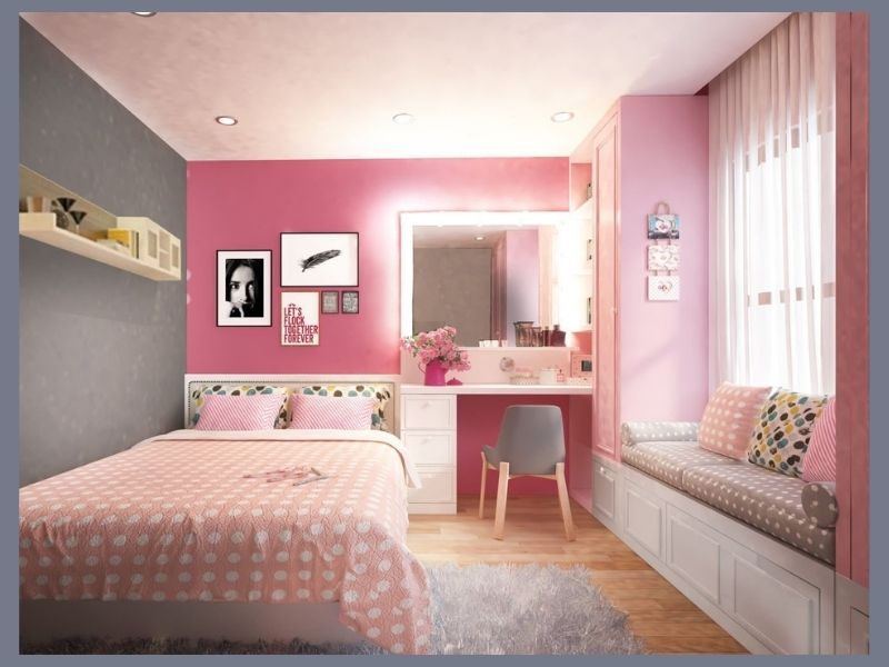 Bố trí đồ nội thất của phòng ngủ cho bé gái của bản vẽ nhà 2 tầng 3 phòng ngủ đẹp