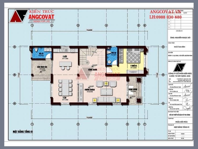 Bản vẽ công của mẫu thiết kế bản vẽ nhà 2 tầng 3 phòng ngủ mái thái 105m2