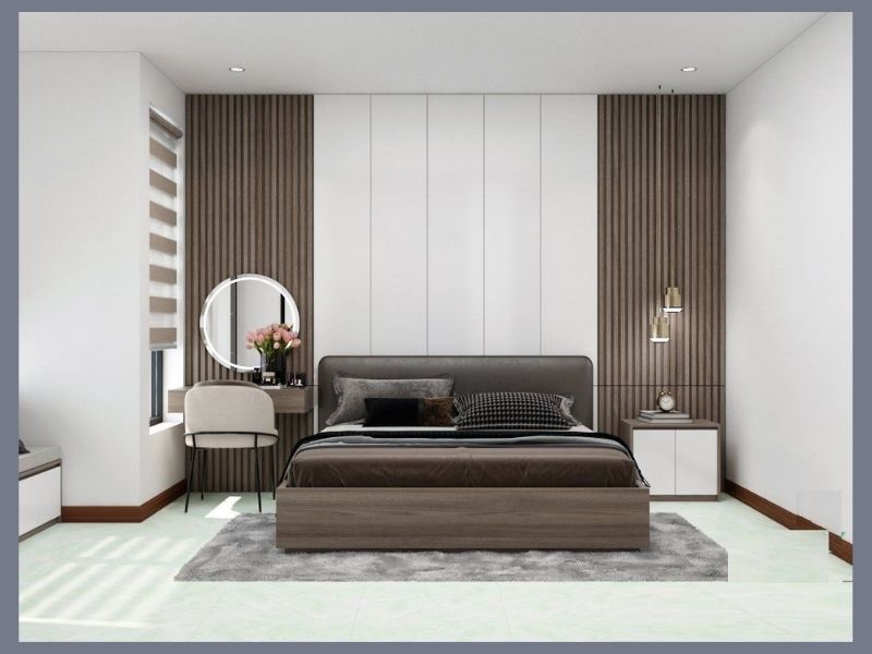 Không gian nội thất phòng ngủ tầng 1 hiện đại của bản vẽ nhà 2 tầng có 3 phòng ngủ
