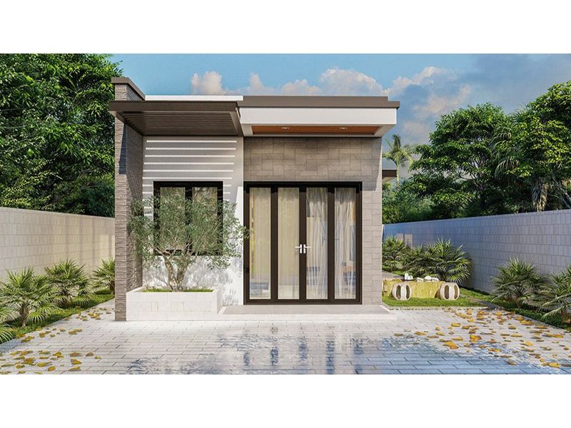 Nhà ống 1 tầng hiện đại mái bằng gam màu trầm