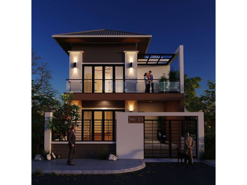 Nhà 2 tầng mái Nhật lung linh dưới ánh đèn đêm