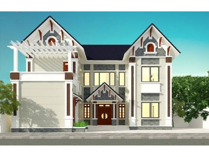 Mẫu nhà chữ U 2 tầng mái Thái có gara để xe tiện lợi
