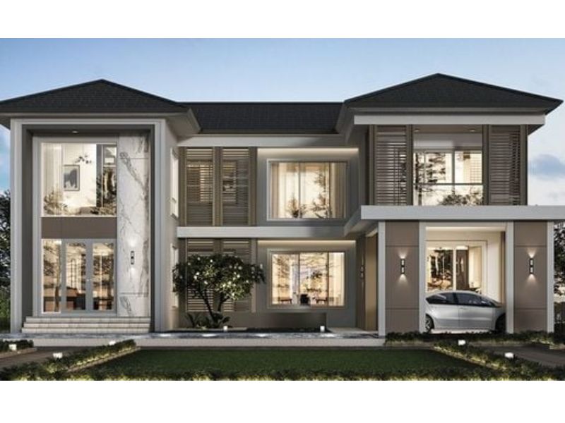 Mẫu nhà 2 tầng chữ U có một bên nhánh thiết kế gara để xe 