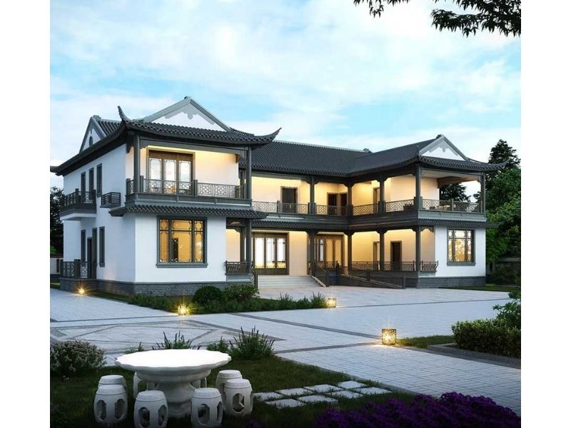 Thiết kế nhà chữ U Trung Quốc 2 tầng sử dụng vật liệu và hệ mái đặc trưng