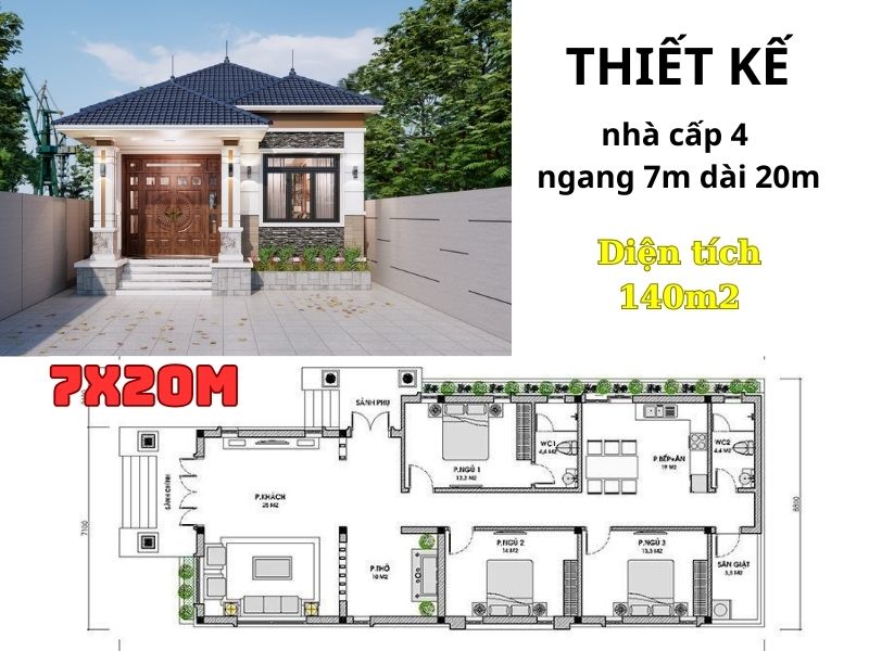 Mẫu nhà cấp 4 7x20m bố trí tiện nghi 