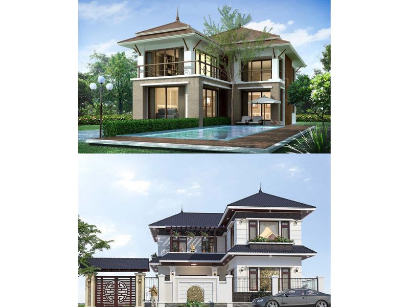 Biệt thự vườn 2 tầng chữ L có bể bơi và sân vườn rộng