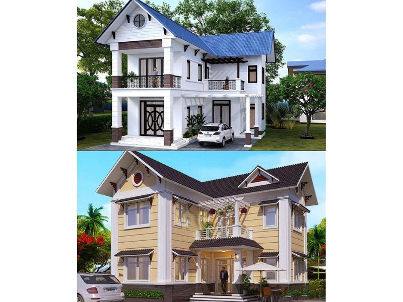 Kiến trúc nhà 2 tầng chữ L 80m2 5 phòng ngủ