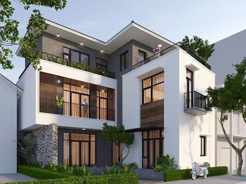 Nhà biệt thự hiện đại 5 phòng ngủ chữ L 2 tầng 1 tum