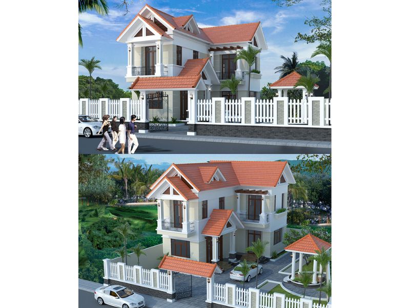 Biệt thự 2 tầng chữ L hệ mái ngói cam độc đáo