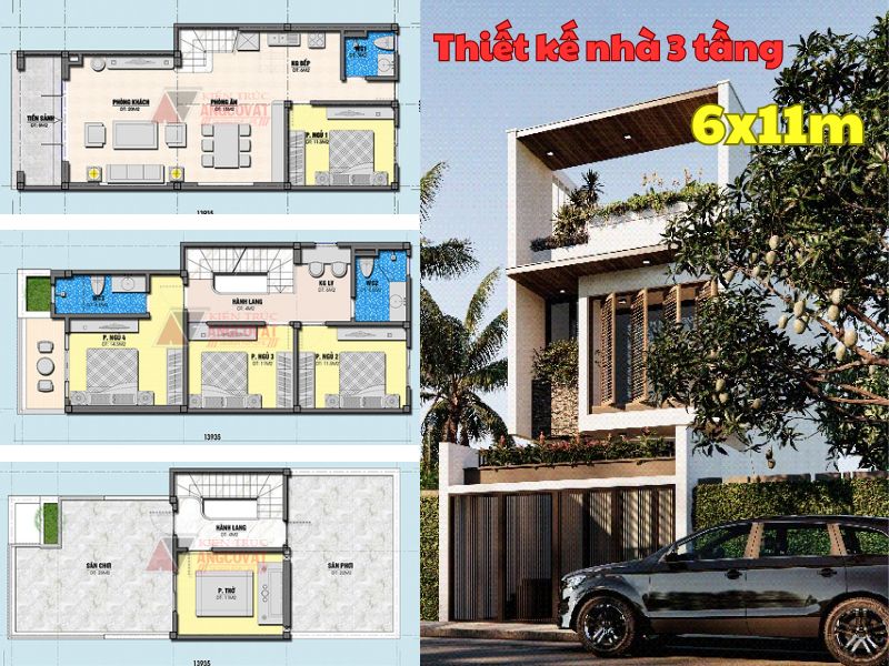 Bản vẽ thiết kế nhà 3 tầng 6x11m tiện nghi