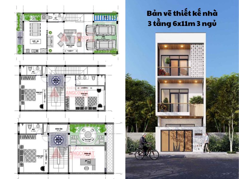 Cách bố trí mặt bằng nhà 3 tầng 6x11m 3 phòng ngủ