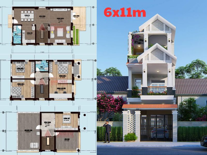 Mặt bằng nhà 3 tầng 6x11m mái Thái 3 phòng ngủ 1 phòng thờ