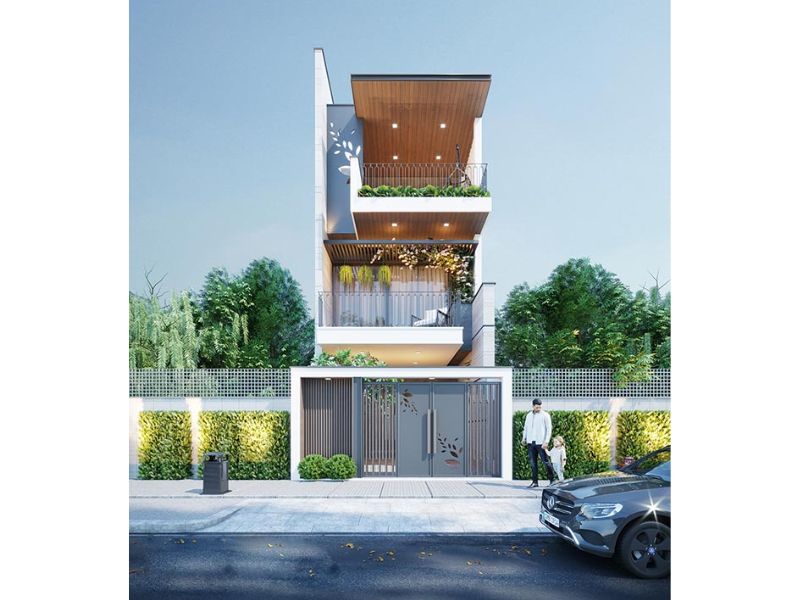 Thiết kế nhà 3 tầng ngang 6m sử dụng hệ thống cửa kính vừa hiện đại lại giúp đón sáng, đón gió