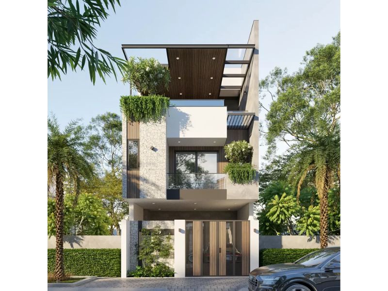 Hình khối kiến trúc vuông vức bố trí linh hoạt trong mẫu nhà 3 tầng mặt tiền phố 6m