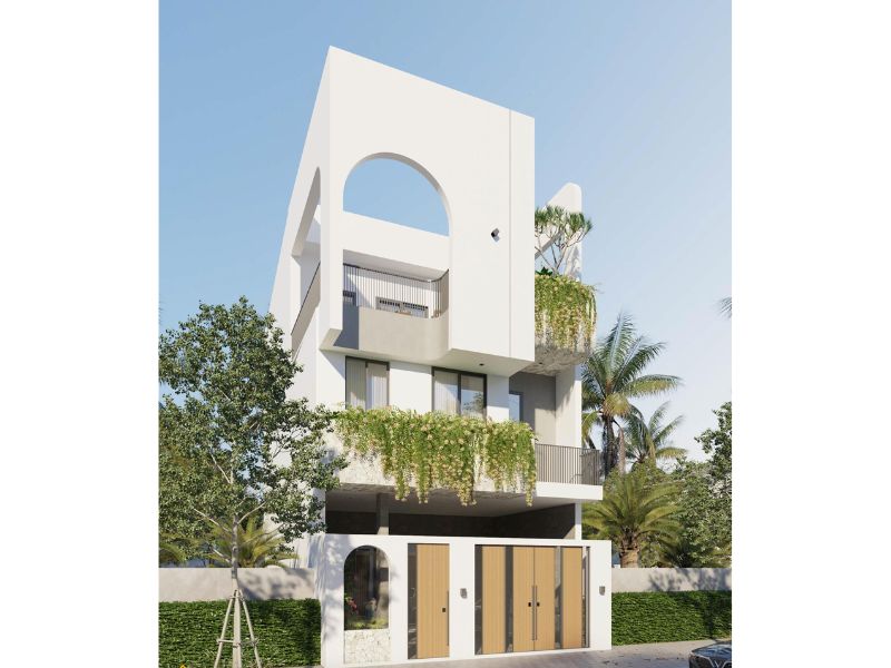 Nhà 3 tầng tạo hình mặt tiền độc đáo với đường cong mềm mại 