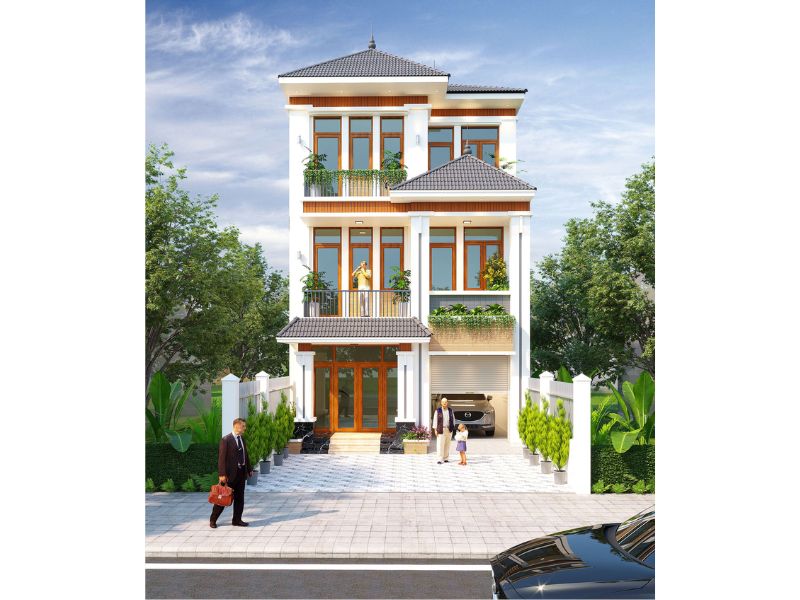 Thiết kế nhà 3 tầng mái Nhật có gara để xe tiện lợi 