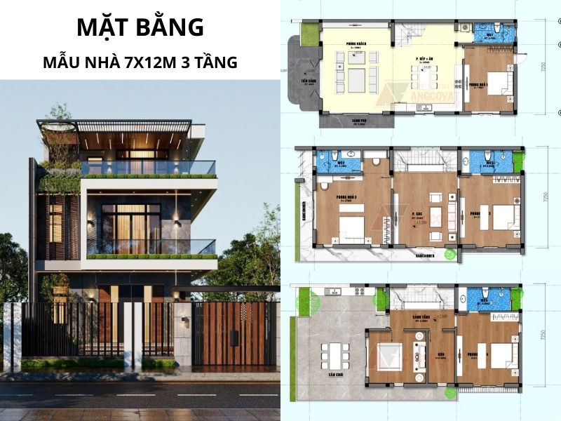Bản vẽ mặt bằng nhà 3 tần 7x12m 4 phòng ngủ 1 phòng thờ