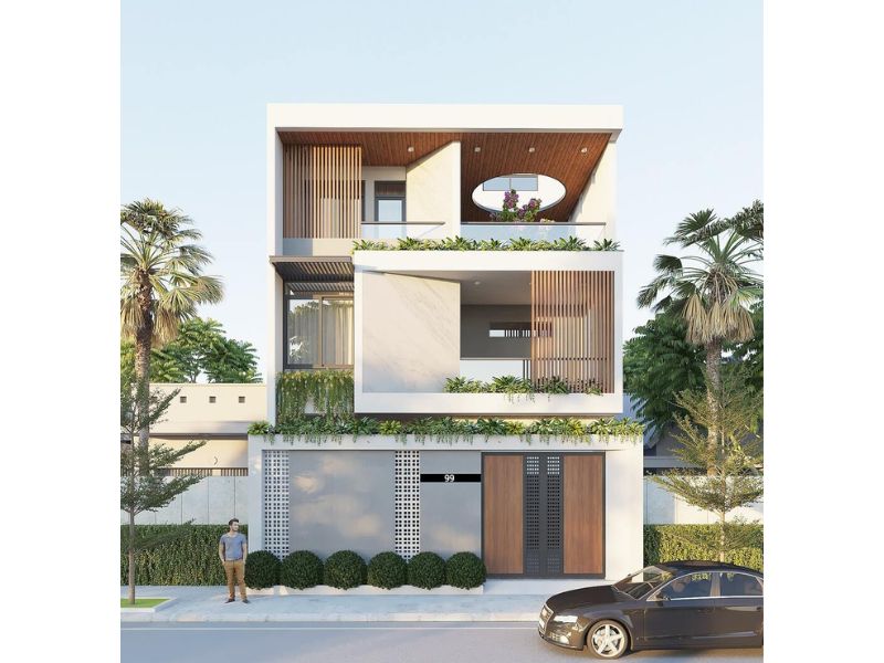 Thiết kế lam chắn vừa tạo điểm nhấn vừa tăng sự thoáng đãng cho không gian nhà 3 tầng 