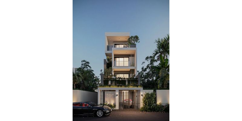 Nhà 4 tầng hiện đại có sân rộng phía trước
