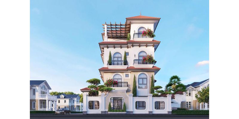 Mẫu nhà 4 tầng tân cổ với hệ mái rực rỡ
