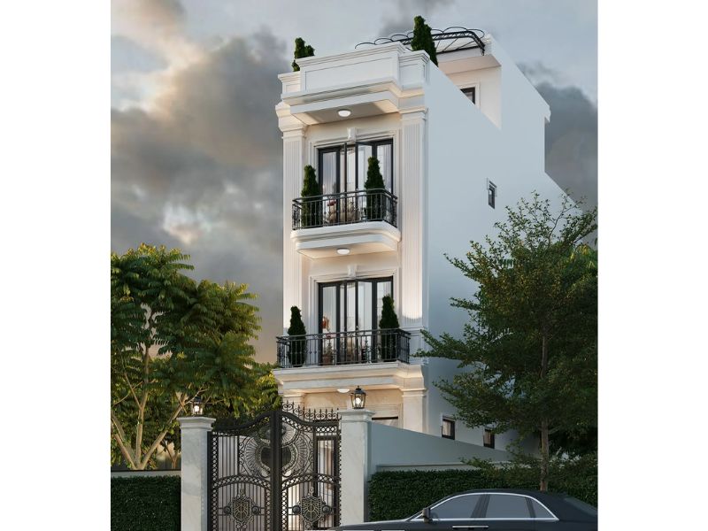 Thiết kế nhà 3 tầng ngang 4m dài 25m tân cổ thanh lịch và sang trọng 