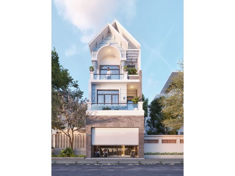 Mẫu nhà 3 tầng mái Thái có gara để xe 