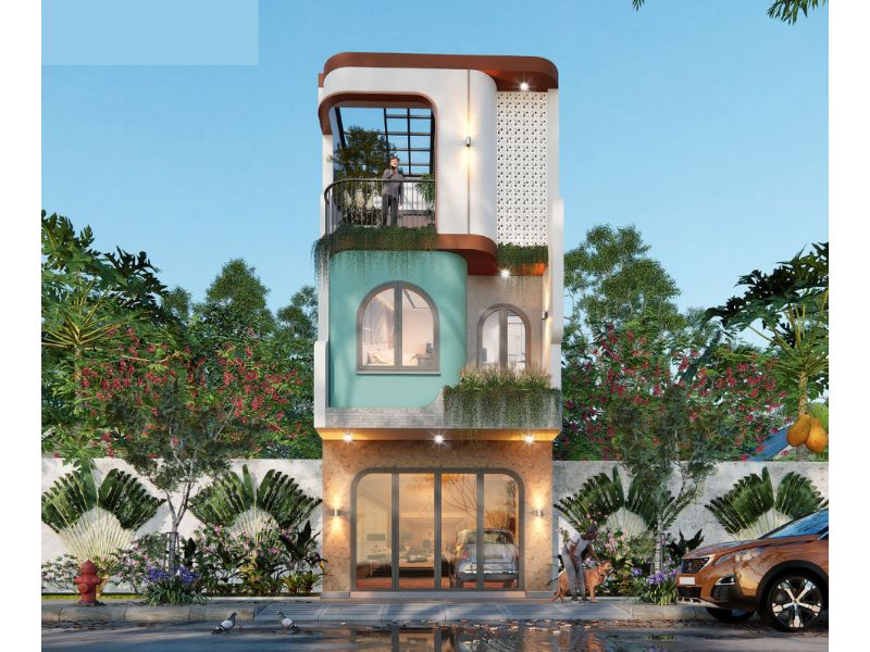 Ngoại thất nhà 3 tầng kết hợp đa dạng vật liệu cao cấp giúp tôn lên nét đẹp thời thượng, hợp xu thế 