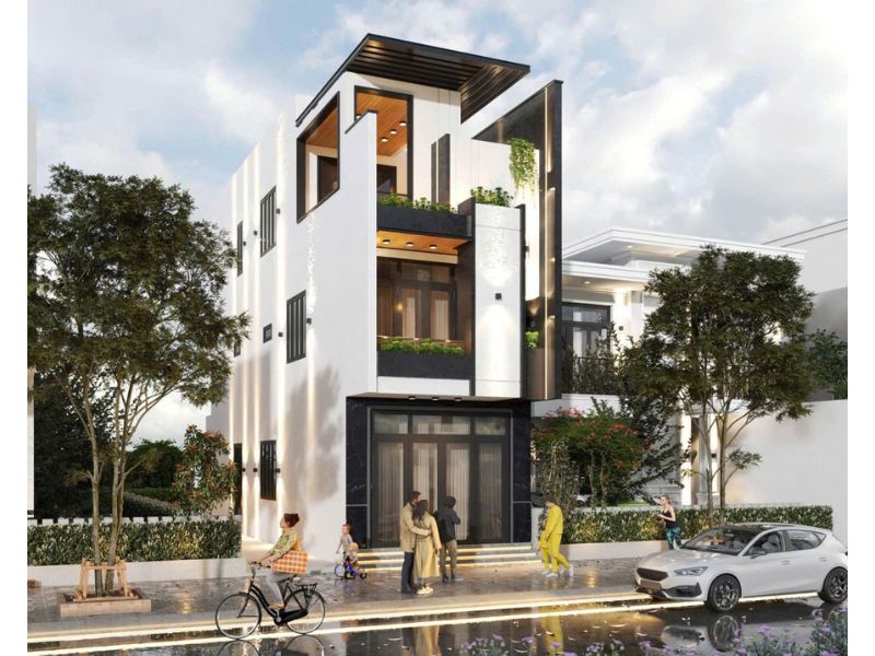 Các mảng hình khối sắp xếp lồi lõm tạo nên hiệu ứng thị giác sinh động cho ngoại thất nhà 3 tầng 