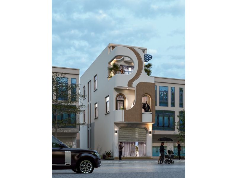 Tạo hình mặt tiền nhà 3 tầng 4x25m với đường nét cong vòm ấn tượng 