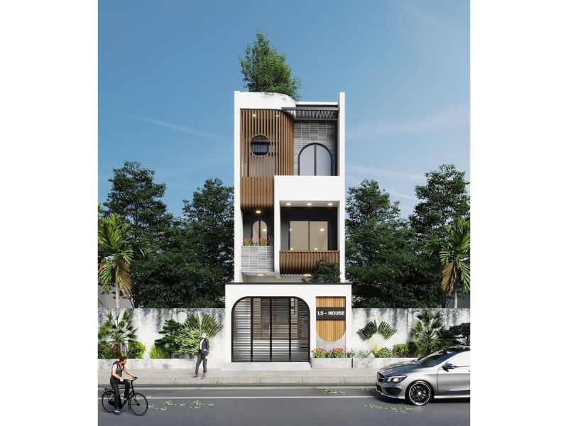 Thiết kế nhà 3 tầng 4x25m sử dụng lam chẵn gỗ vừa tăng tính thẩm mỹ lại hạn chế sự gay gắt cửa nắng chiều 