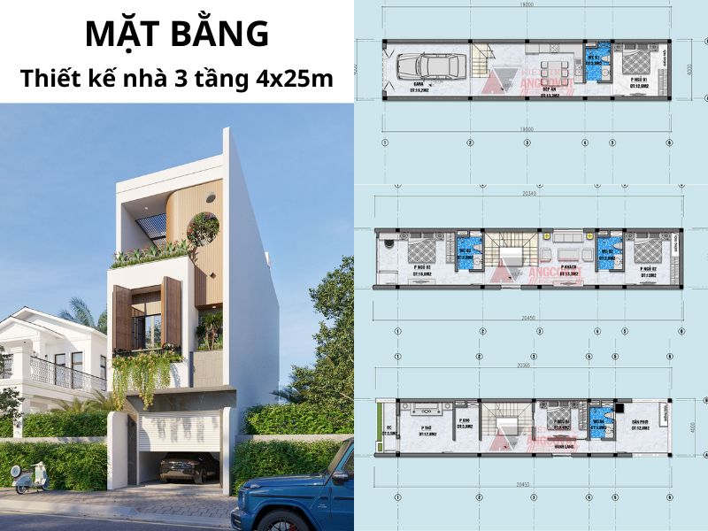 Bản vẽ thiết kế nhà 3 tầng 4x25m tiện nghi 